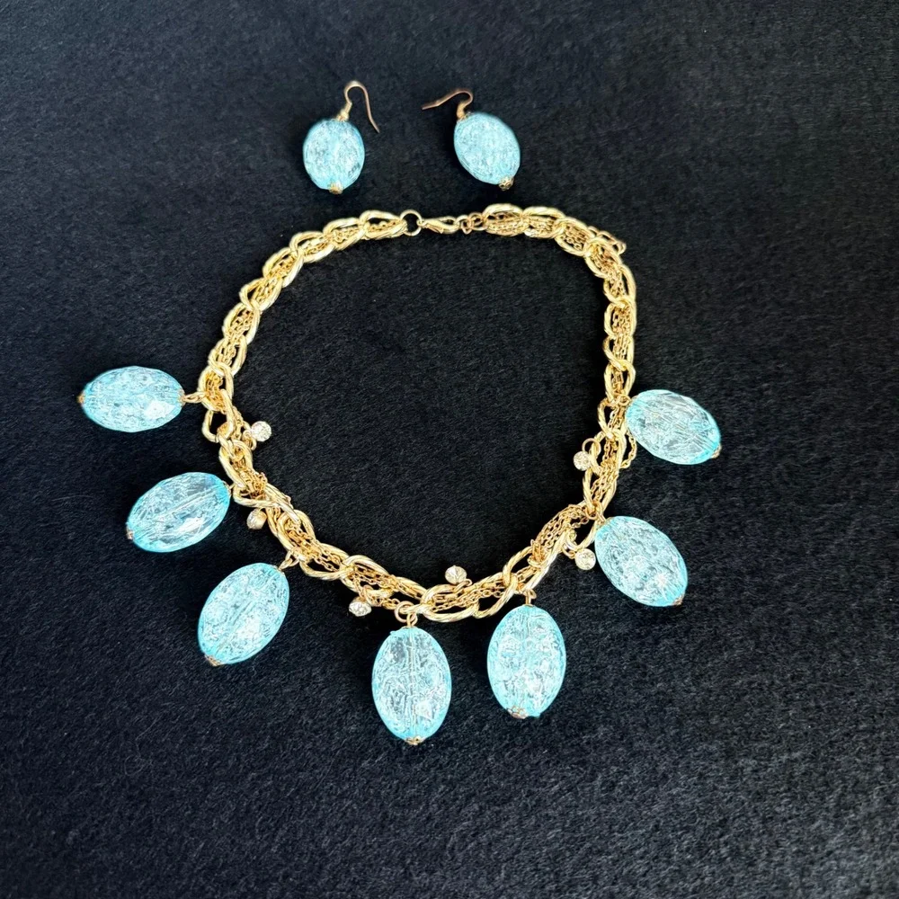 Jewelry Set Women OS Aqua Gold Crackle Bead Statement Necklace Earring Vintage